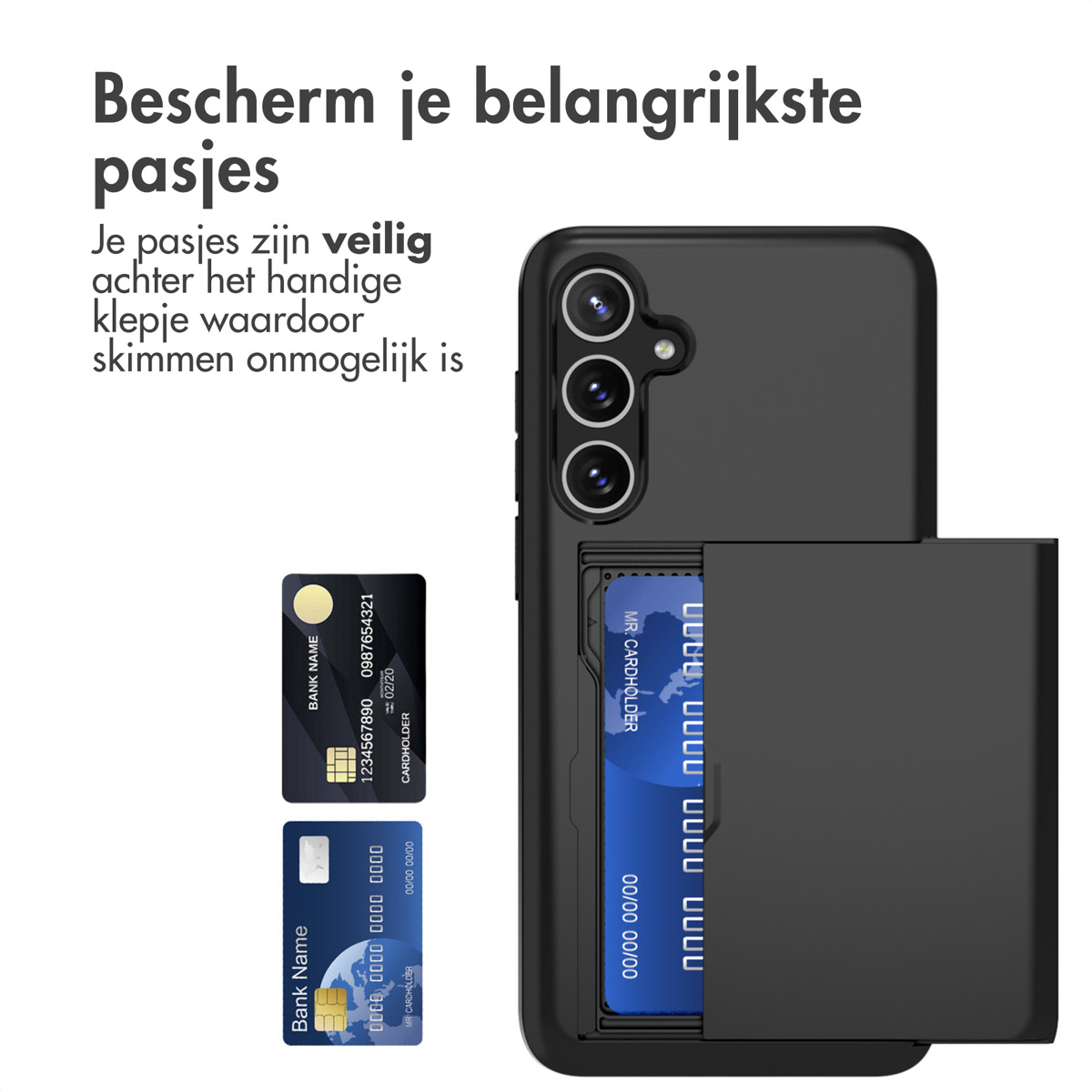 Zwarte telefoonhoes met kaarthouder en twee kaarten op een witte achtergrond.