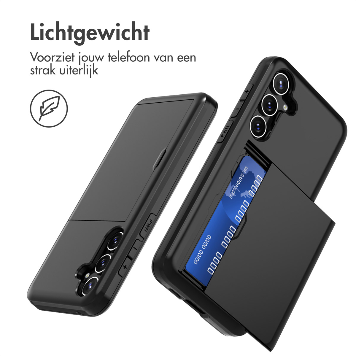 Zwarte telefoonhoes met kaarthouder. Toont telefoon in de case en de geopende kaarthouder. Tekst is zichtbaar.