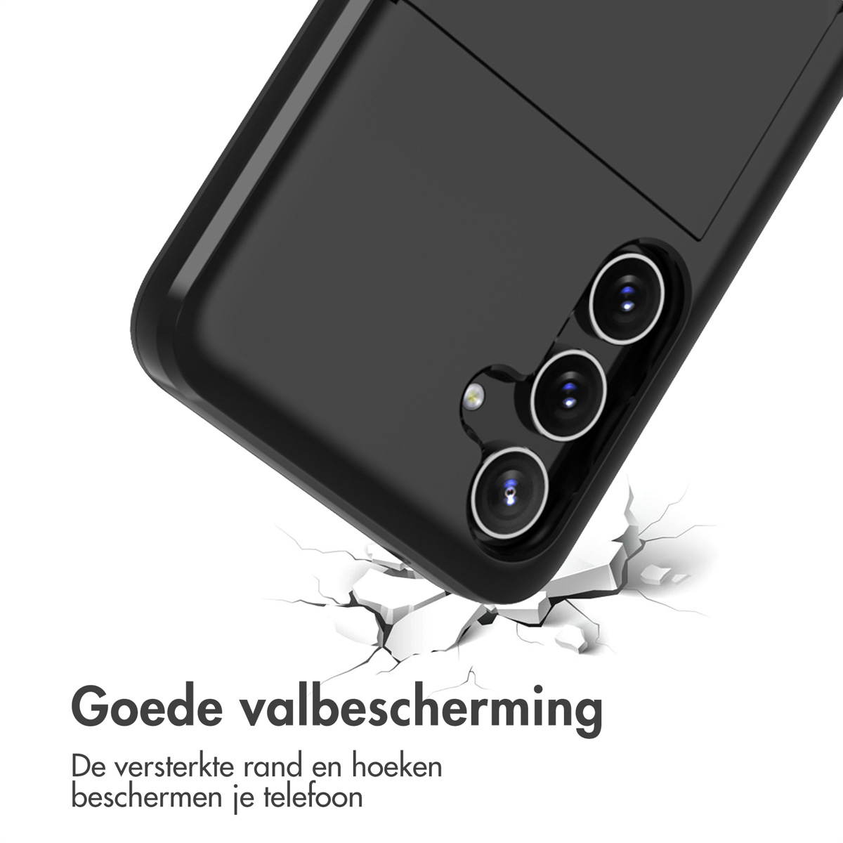Zwarte telefoonhoes die een gebarsten oppervlak raakt, toont goede valbescherming.