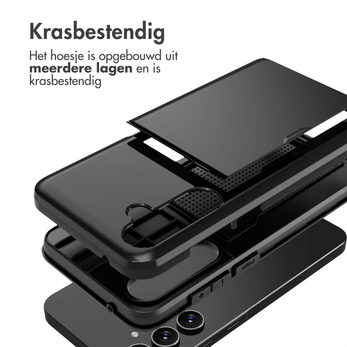 Een telefoonhoes wordt getoond, geëxplodeerde weergave, de lagen tonend. Het is krasbestendig.