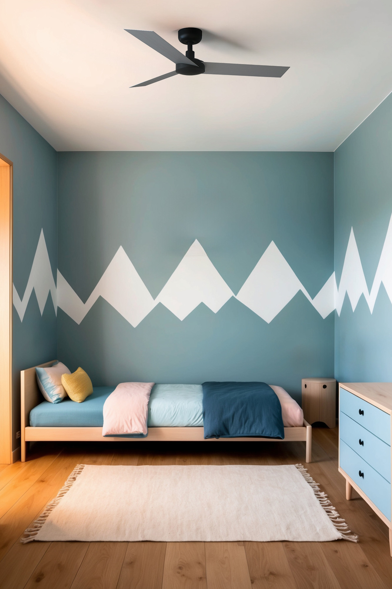 Camera da letto con murale di montagna. Parete blu e bianca, letto in legno chiaro, comò e pavimento.