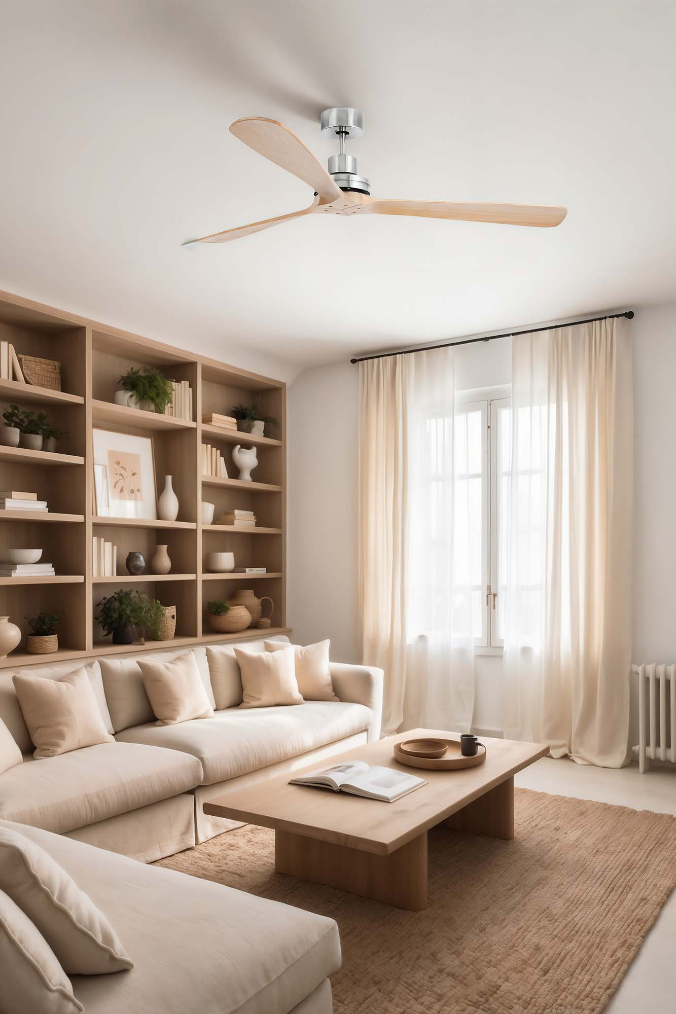 Ein Wohnzimmer mit Deckenventilator, Couch, Couchtisch und Bücherregal. Hell und luftig.
