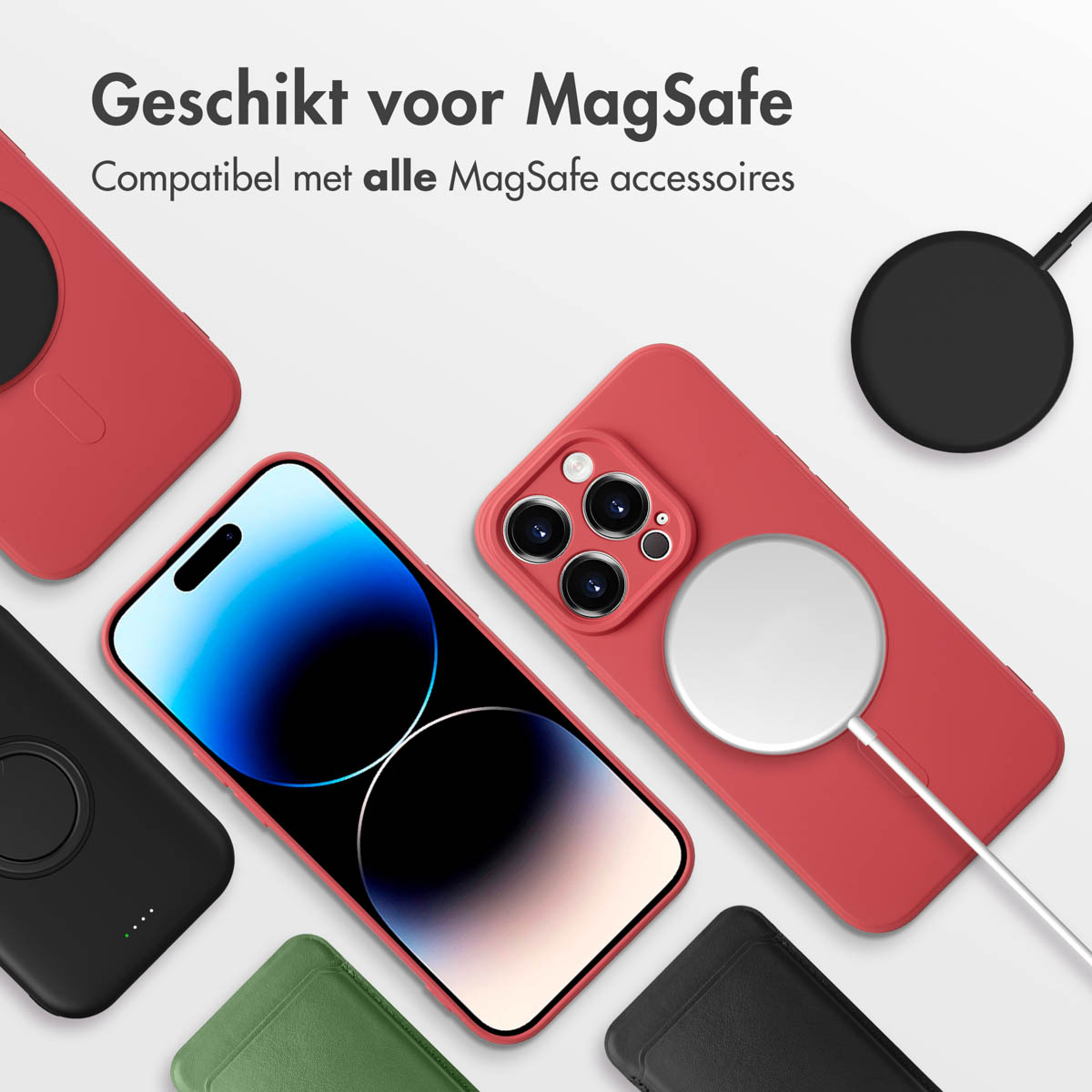Meerdere telefoons met hoesjes en MagSafe-opladers. Verschillende kleuren en ontwerpen worden getoond.