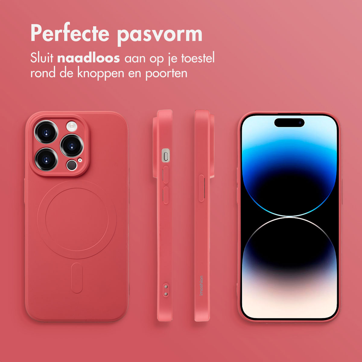 Een rode telefoonhoes met een telefoon erin, met zijaanzichten. Het past perfect.