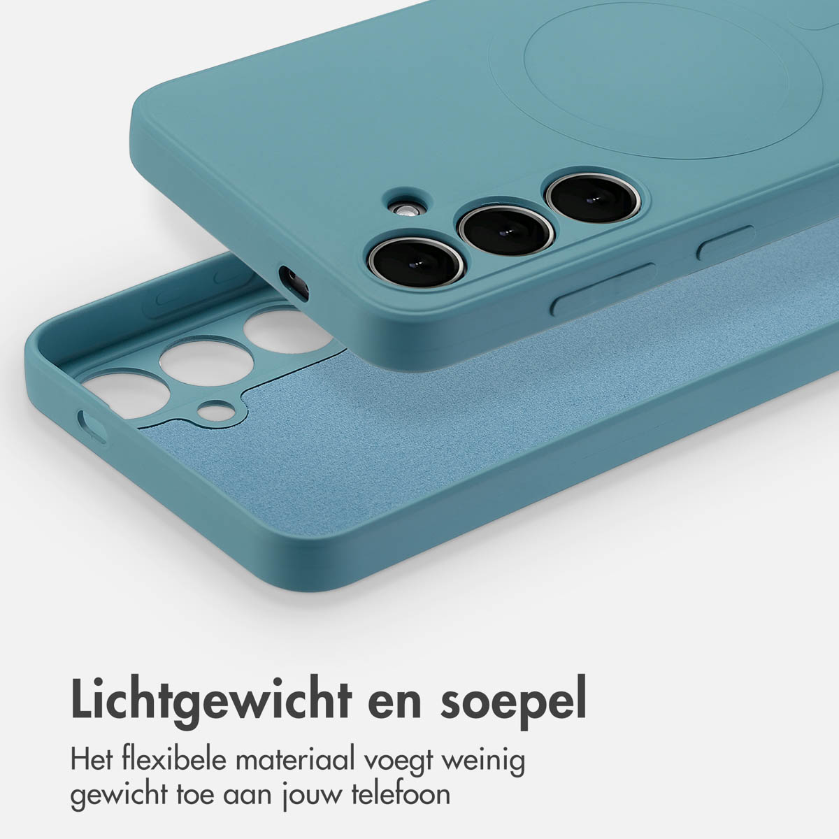 Blauwe telefoonhoes, bovenaanzicht, met telefoon erin. Hoes en telefoon gescheiden. Tekst: 'Lichtgewicht en soepel'.
