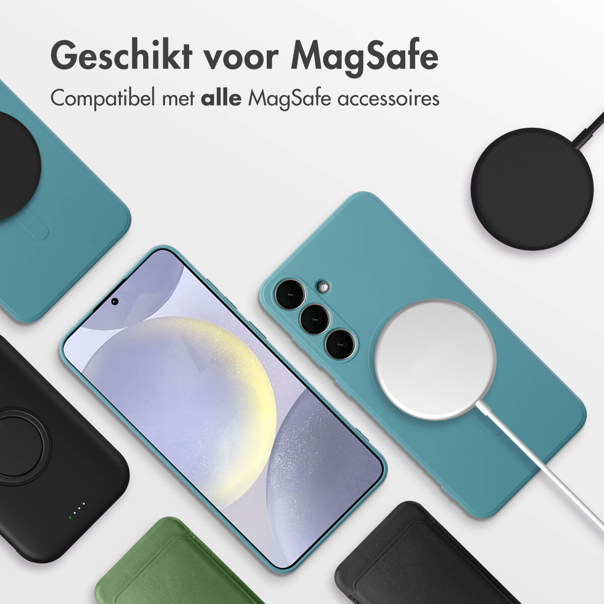 Telefoon en MagSafe accessoires. Verschillende telefoons en oplaadpads.