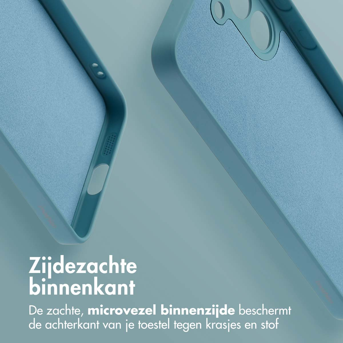 Blauwe telefoonhoes binnenkant met microvezel voering, zijaanzicht met details.