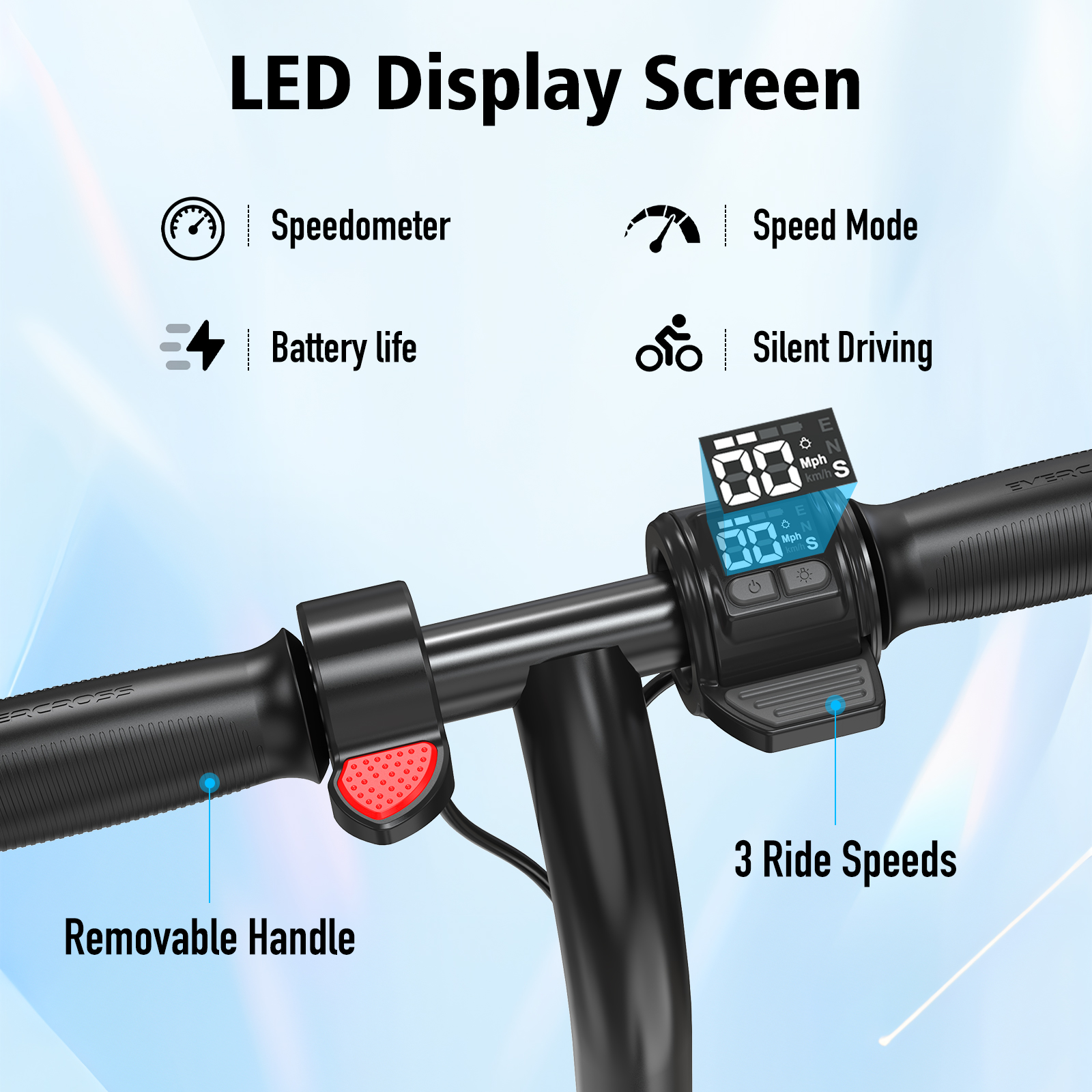 Zbliżenie kierownicy hulajnogi elektrycznej z wyświetlaczem LED.