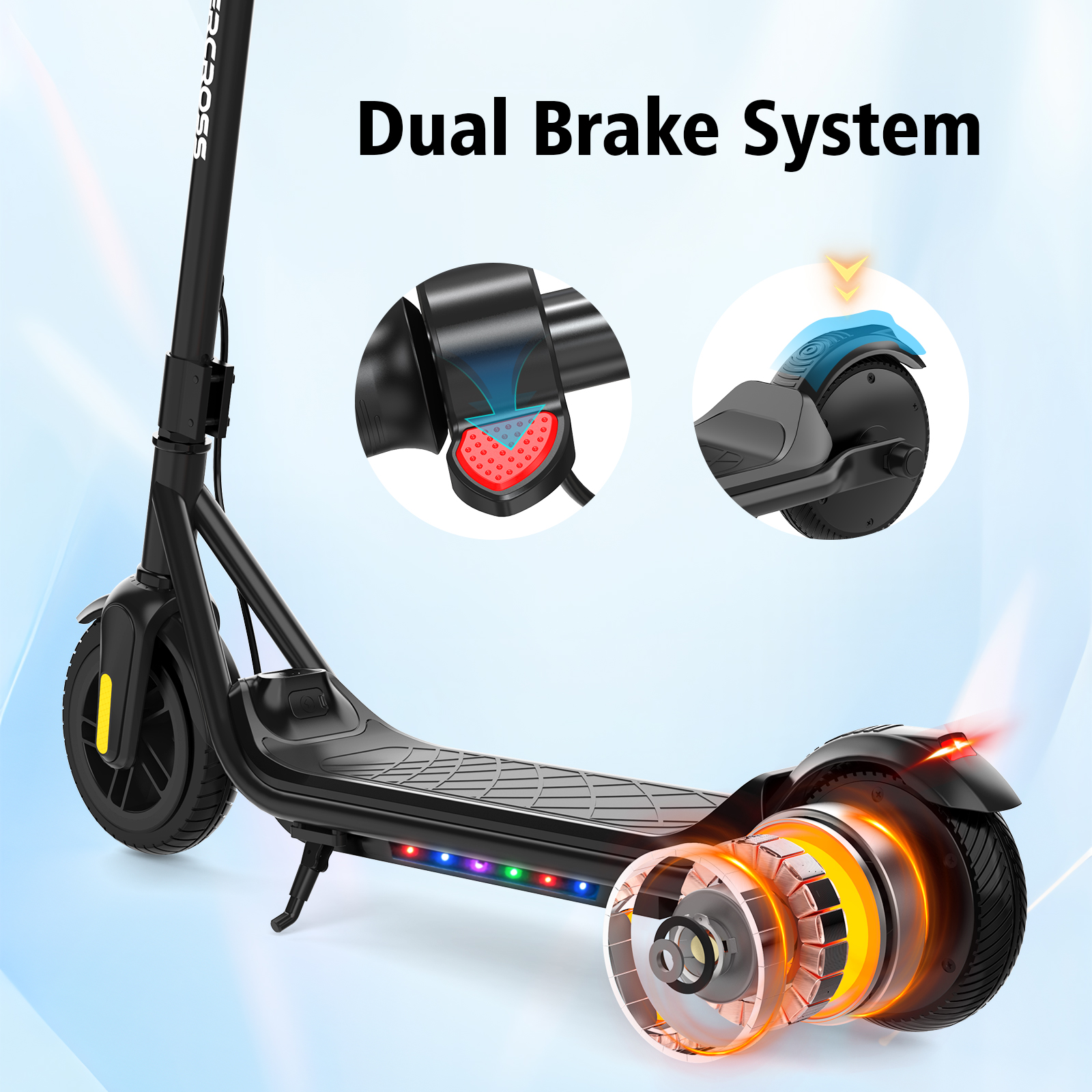 Czarna hulajnoga elektryczna ze szczegółami podwójnego układu hamulcowego, z podświetlonymi elementami wewnętrznymi.