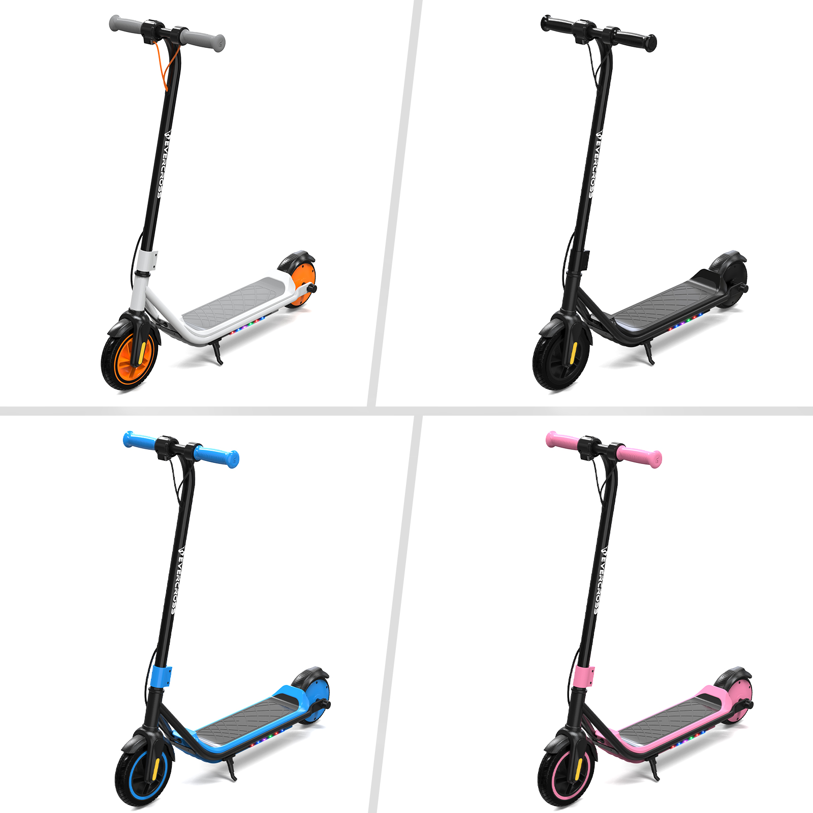 Cuatro scooters eléctricos: blanco, negro, azul y rosa. Vistas laterales sobre fondo blanco.