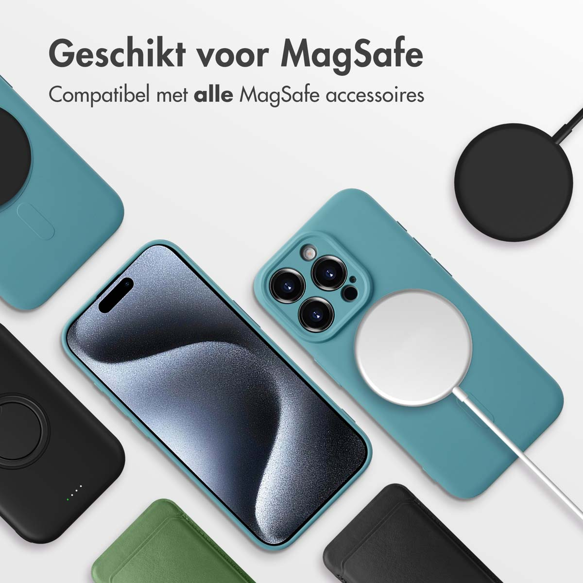 Telefoons met MagSafe-accessoires, met draadloos opladen en hoesjes.