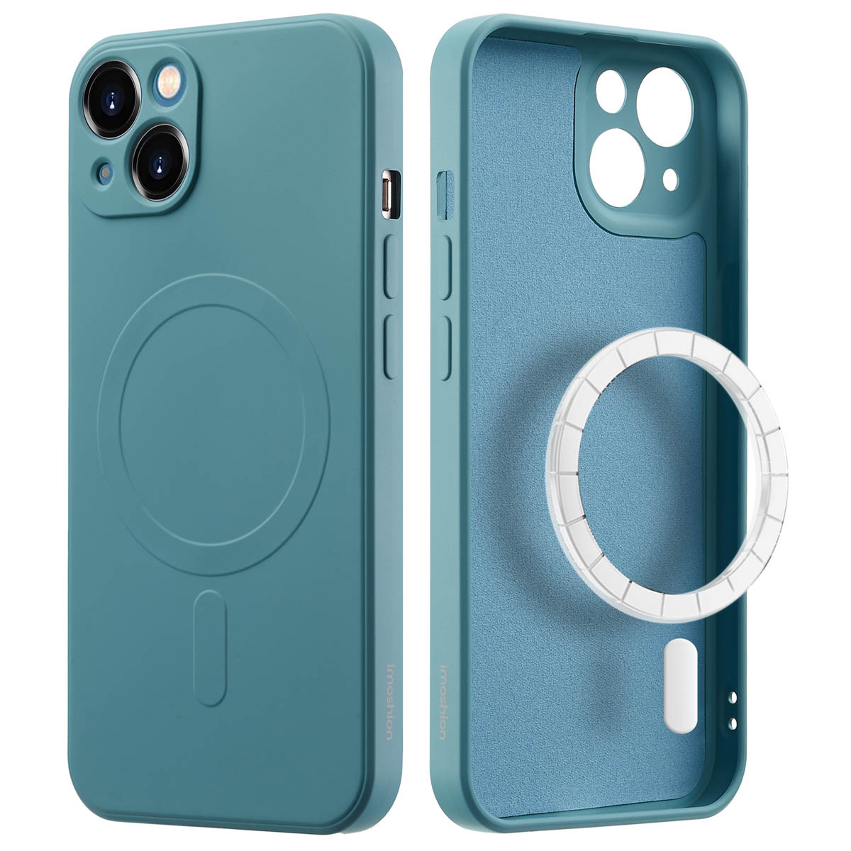 Coque de téléphone bleu-vert avec un cercle blanc au dos, à côté d'une coque intérieure assortie.