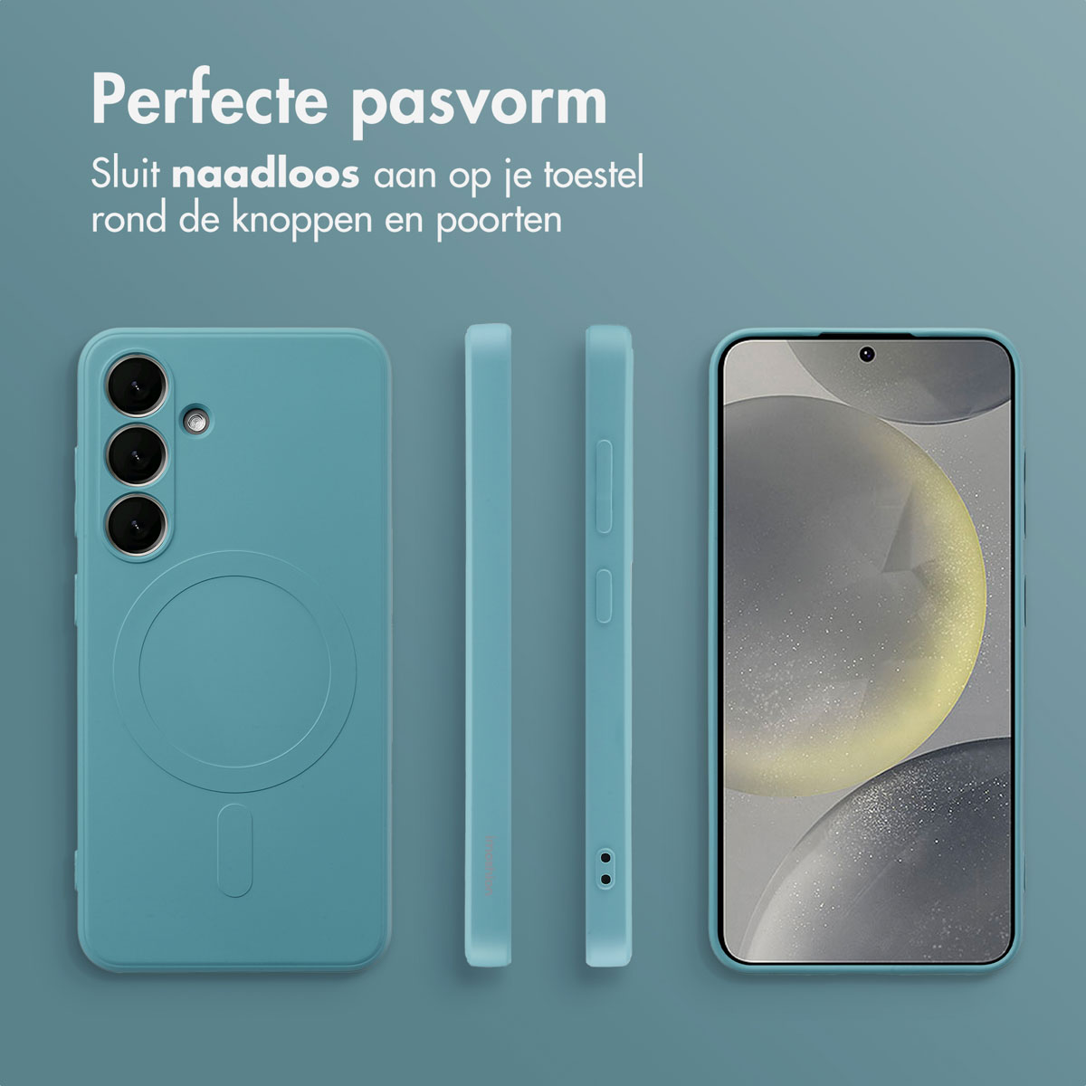 Blauwgroene telefoonhoes met telefoon. Zijaanzichten. Tekst: 'Perfecte pasvorm'.