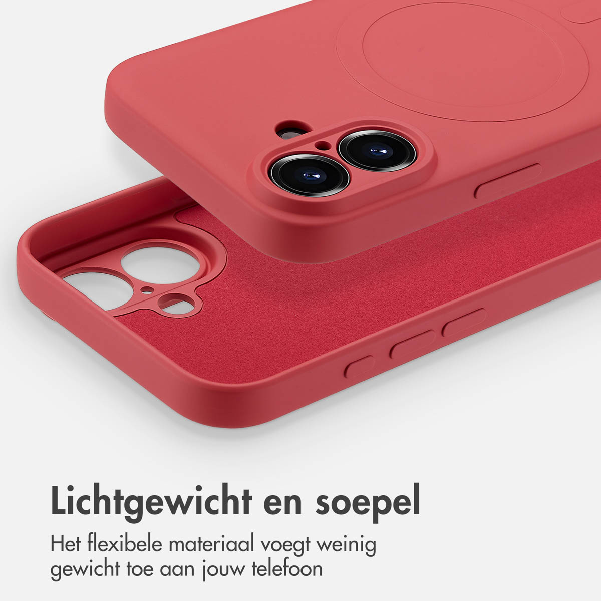 Coque de téléphone rouge avec téléphone à l'intérieur. Texte: Légère et flexible, ajoute peu de poids.