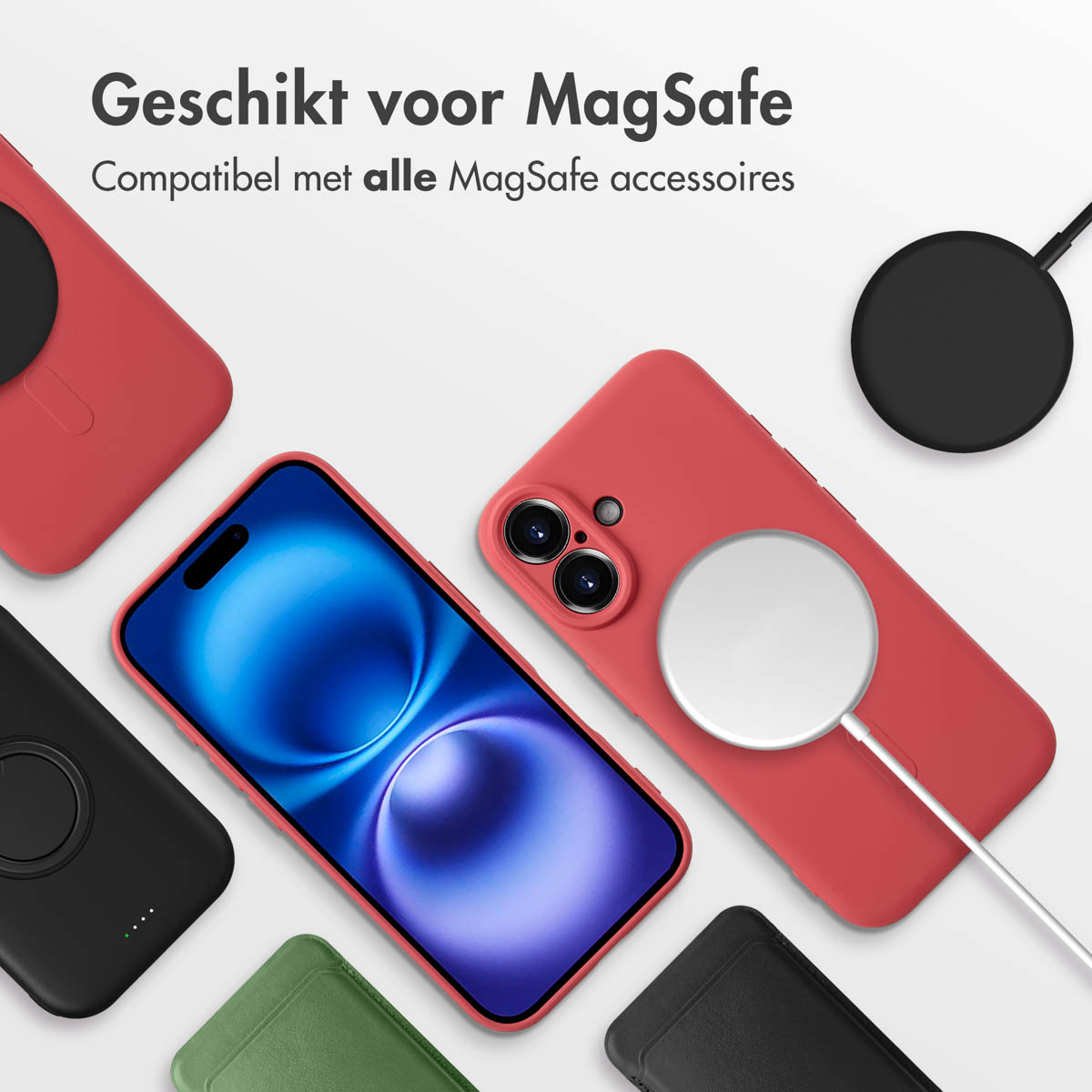 Coque rouge, téléphone avec écran bleu et chargeurs sans fil.