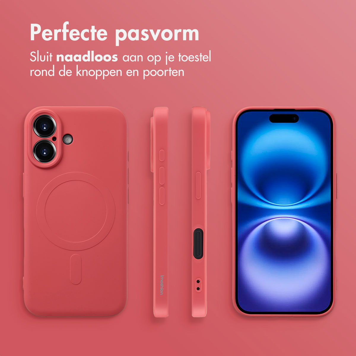 Coque de téléphone rouge avec téléphone et deux côtés. Fond rouge. Texte en haut.