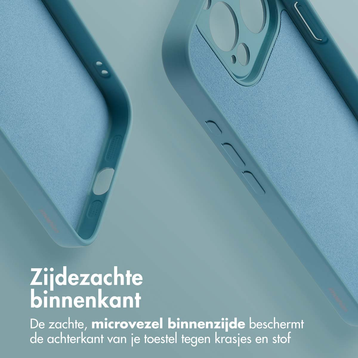 Blauwe telefoonhoes binnen- en buitenkant, met details. Eenvoudig ontwerp en afgeronde randen.