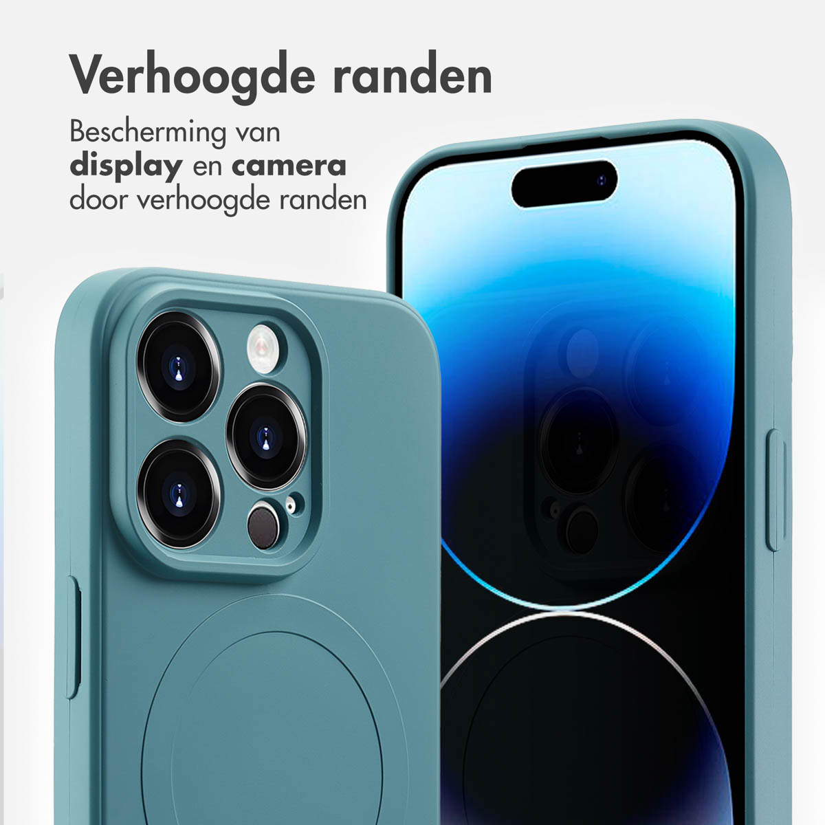 Blauwgroene telefoonhoes naast de telefoon. De telefoon heeft een zwart frame. De achtergrond is wit.