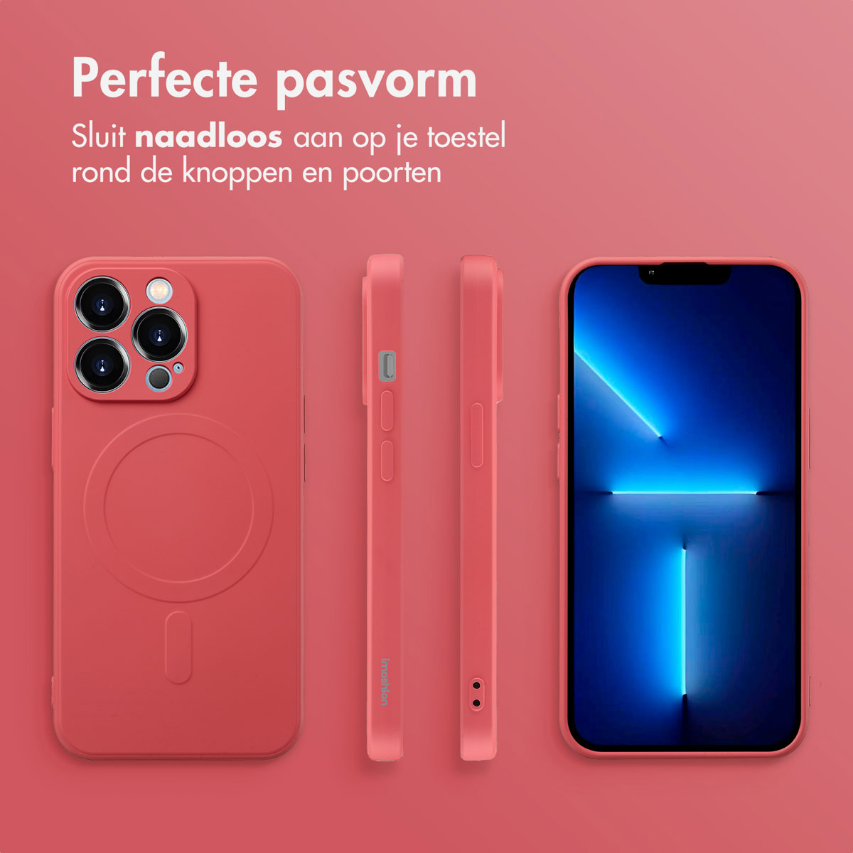 Rode telefoonhoes en telefoon, met zijaanzichten, op een rode achtergrond, met tekst.