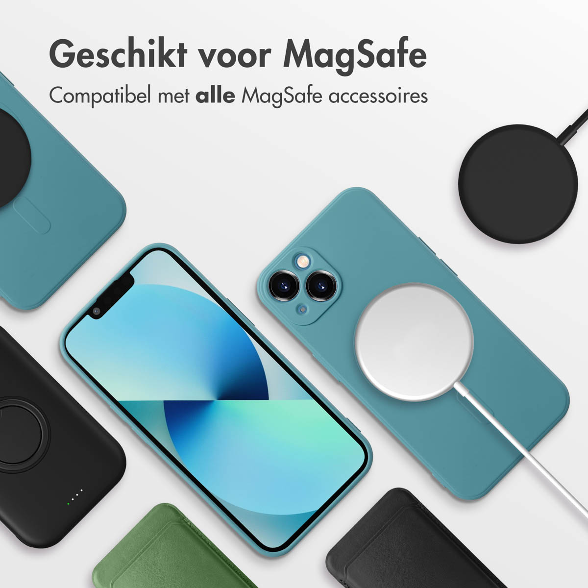 Téléphones avec accessoires MagSafe, chargement sans fil et diverses coques.