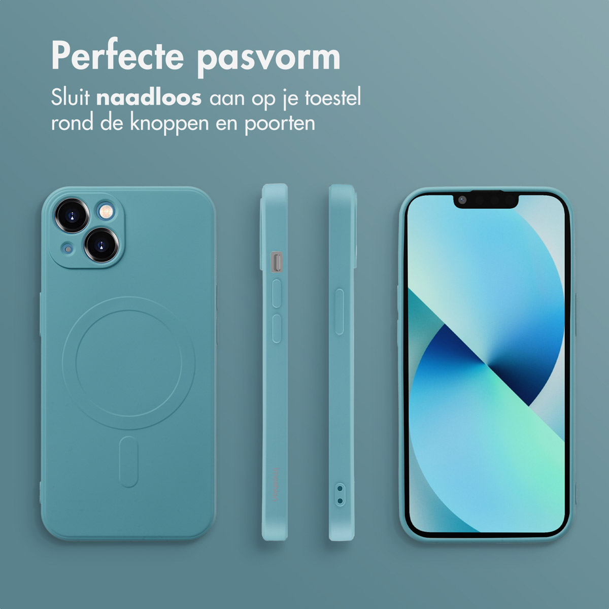 Teal telefoonhoes, drie aanzichten, telefoonscherm met blauwe achtergrond.