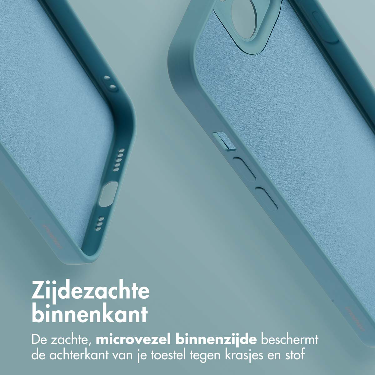 Twee turquoise telefoonhoesjes naast elkaar. Eén is open en toont de binnenkant, de ander is gesloten.
