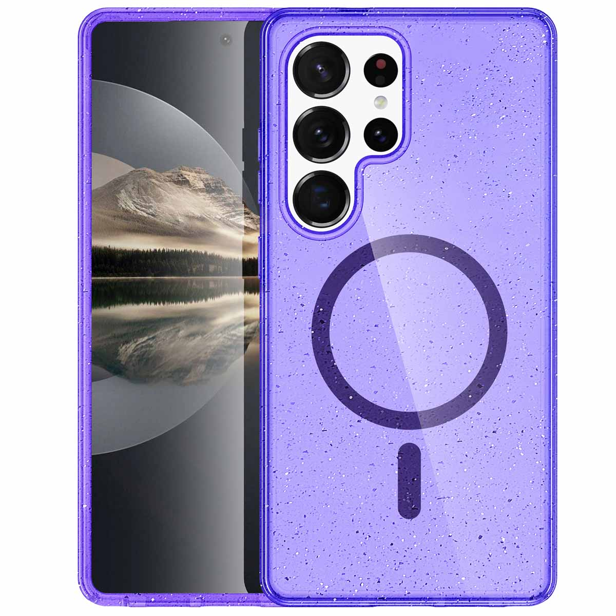 Paarse telefoonhoes met glitter. De telefoonhoes heeft een zwarte cirkel en een zwarte rechthoek.