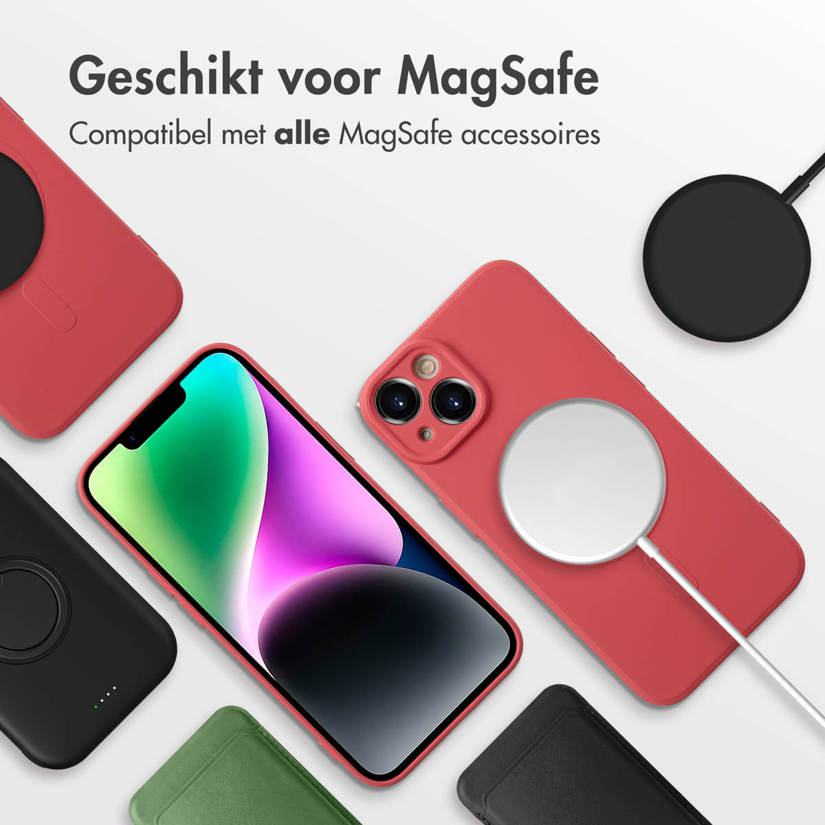 Plusieurs téléphones et coques, avec chargeurs MagSafe. Un téléphone a un chargeur blanc.