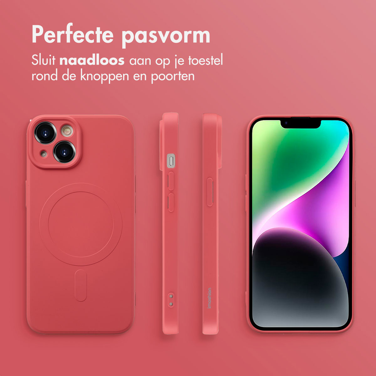 Coque de téléphone rouge avec téléphone sur fond rose. Inclut des vues latérales et arrière.