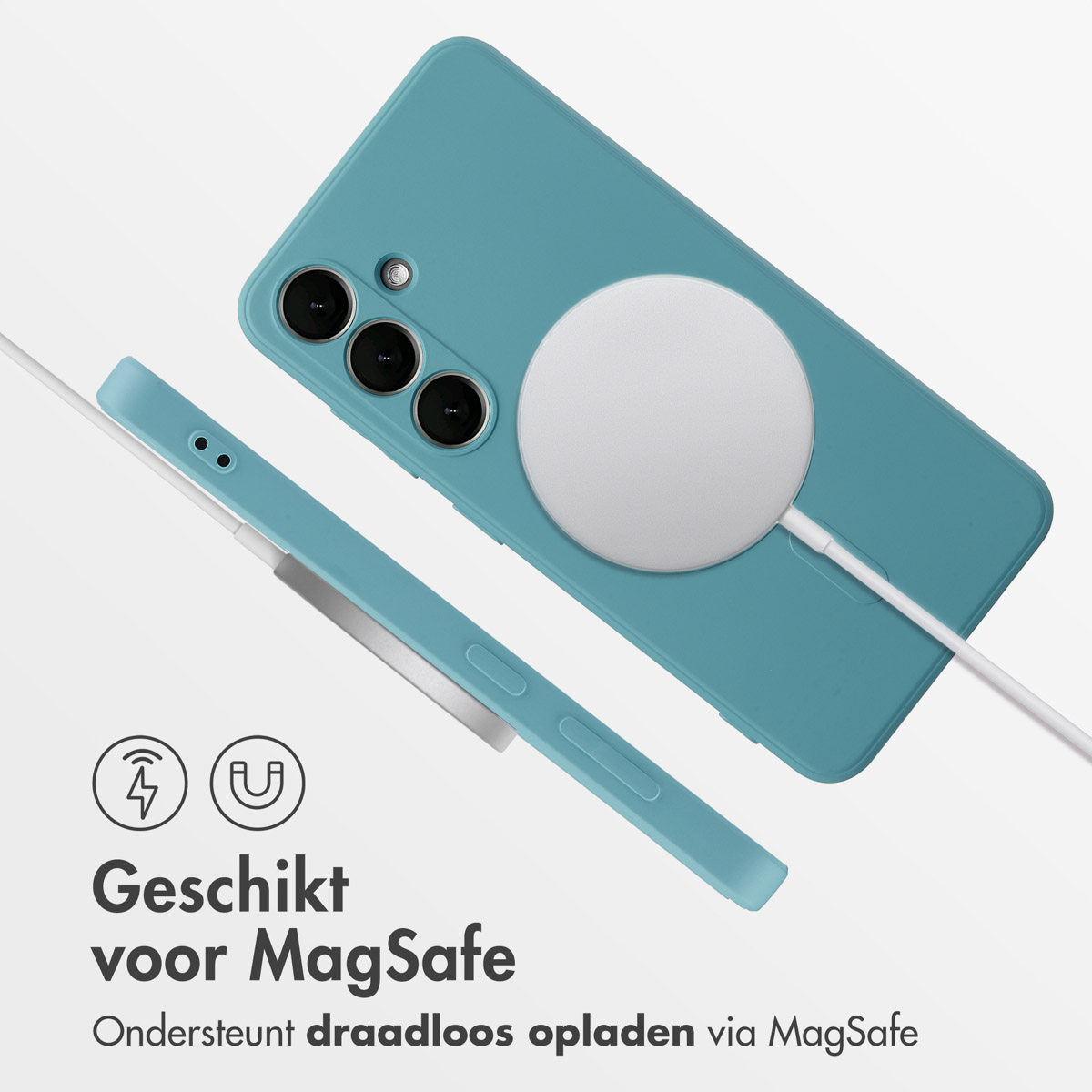 Blauwe telefoonhoes met oplader. Witte oplader en telefoonhoes. Tekst: Geschikt voor MagSafe, draadloos opladen.