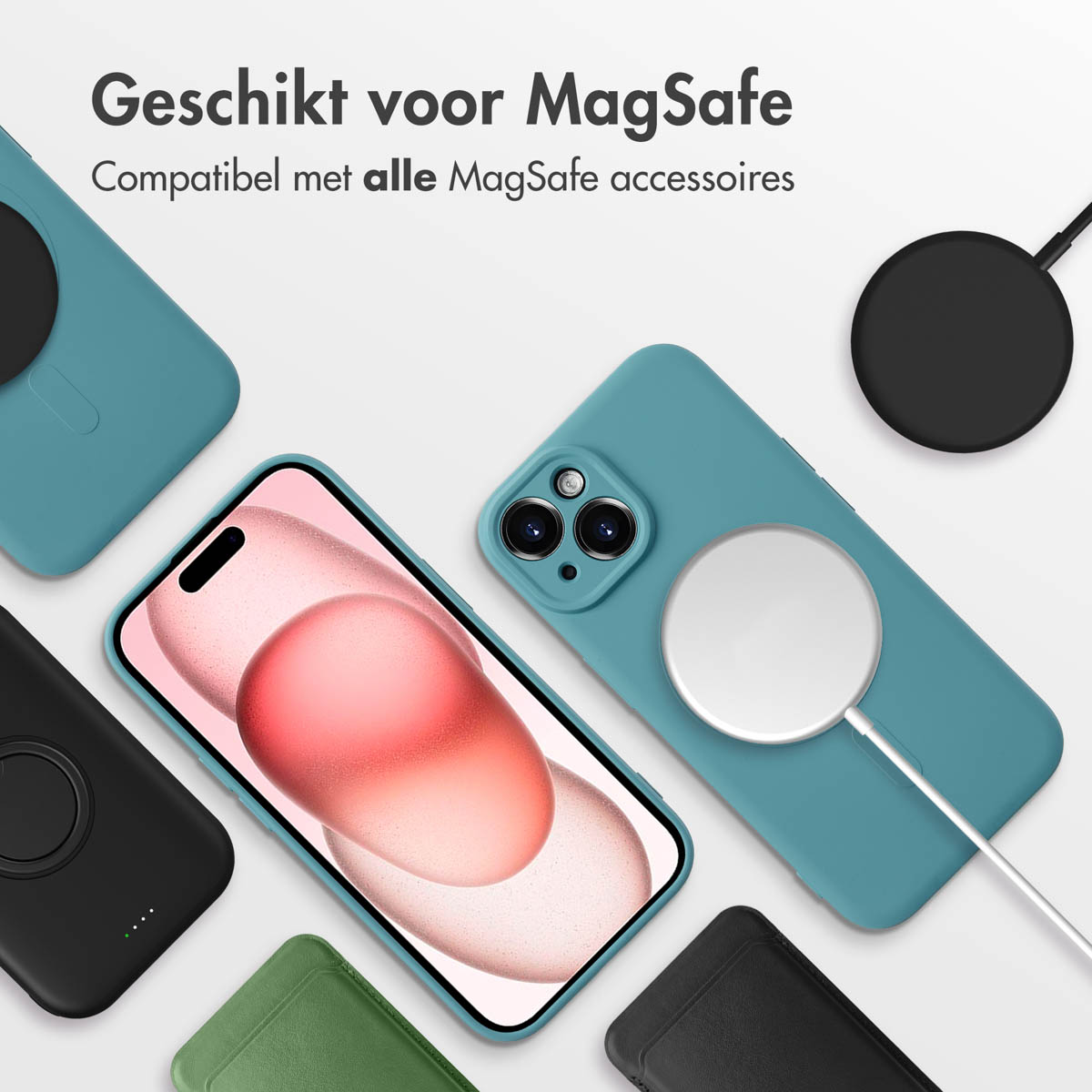 Multiple phones and cases. Cases in black, green, and blue, with a charging pad. Phones are in pink and blue.