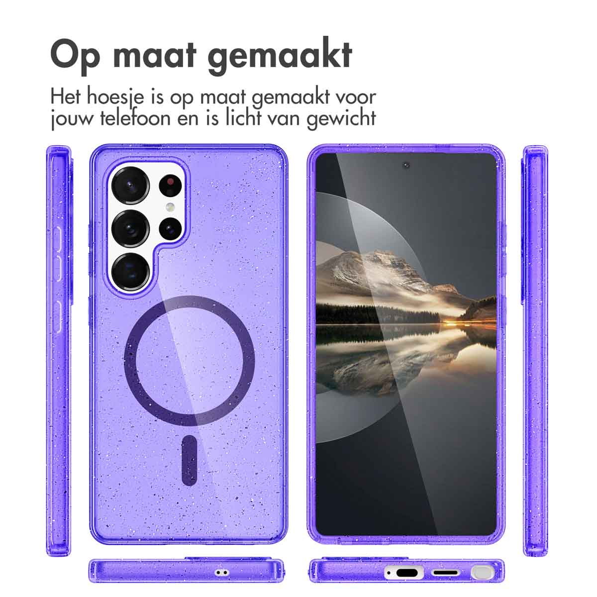 Paarse telefoonhoes met een MagSafe-cirkel en de telefoon erin. Op maat gemaakt.