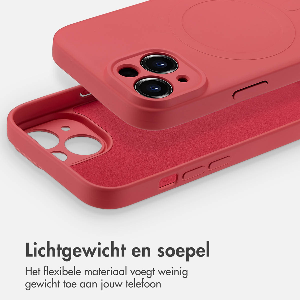 Red phone case, showing the inside and outside. The top part is detached from the bottom.