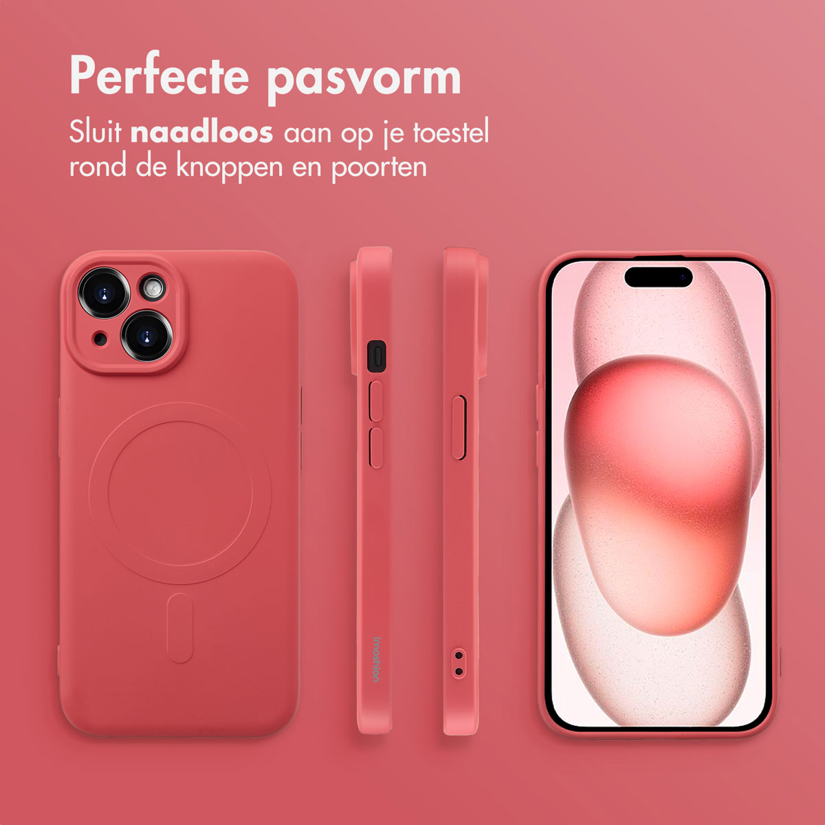 Pink phone case with phone and two sides. Pink background. Text at top.