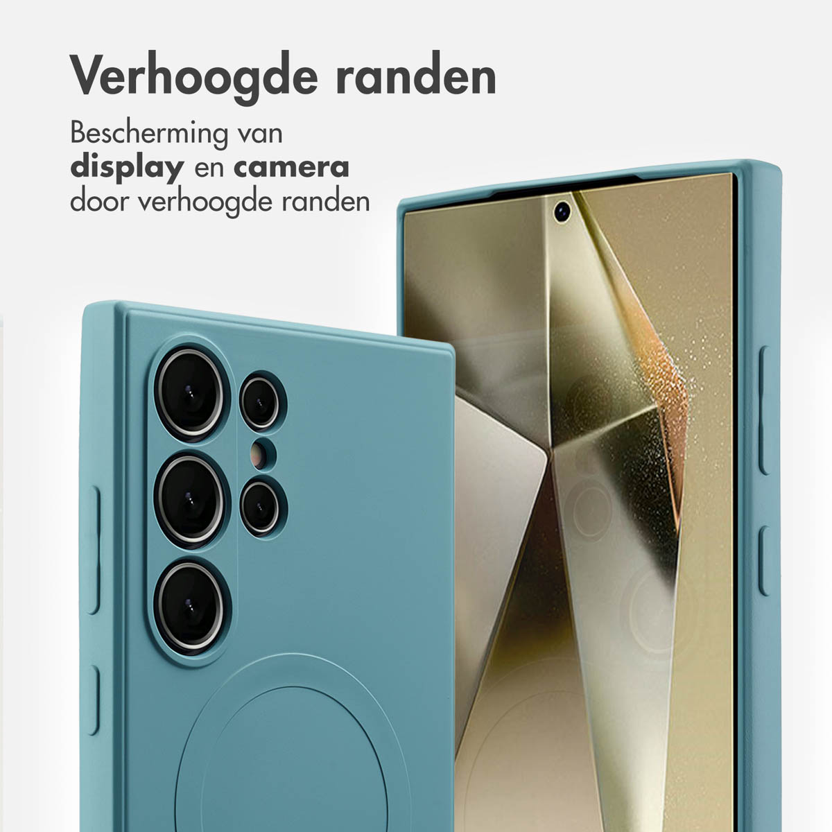 Een blauwe telefoonhoes met verhoogde randen. Het beschermt het scherm en de camera.