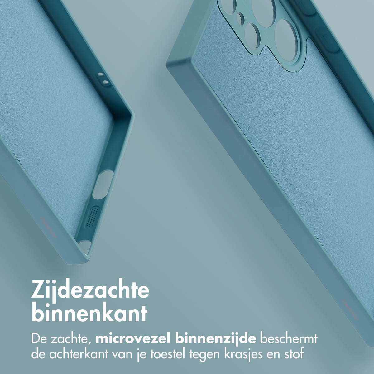 Blauwe telefoonhoes binnenkant met zachte microvezel binnenkant. Close-up.