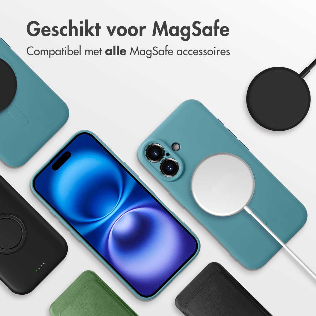 Plusieurs téléphones et chargeurs sur une surface blanche. Coques bleues et noires. Texte : "Convient pour MagSafe".
