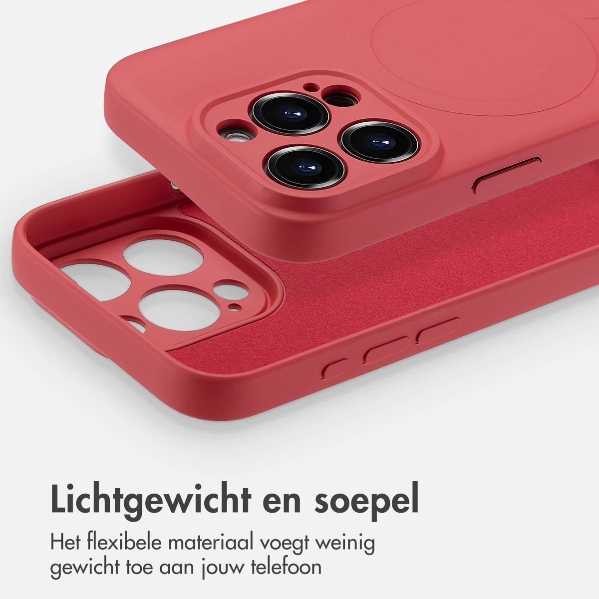 Coque de téléphone rouge, ouverte, montrant l'intérieur. Texte : Légère et flexible.