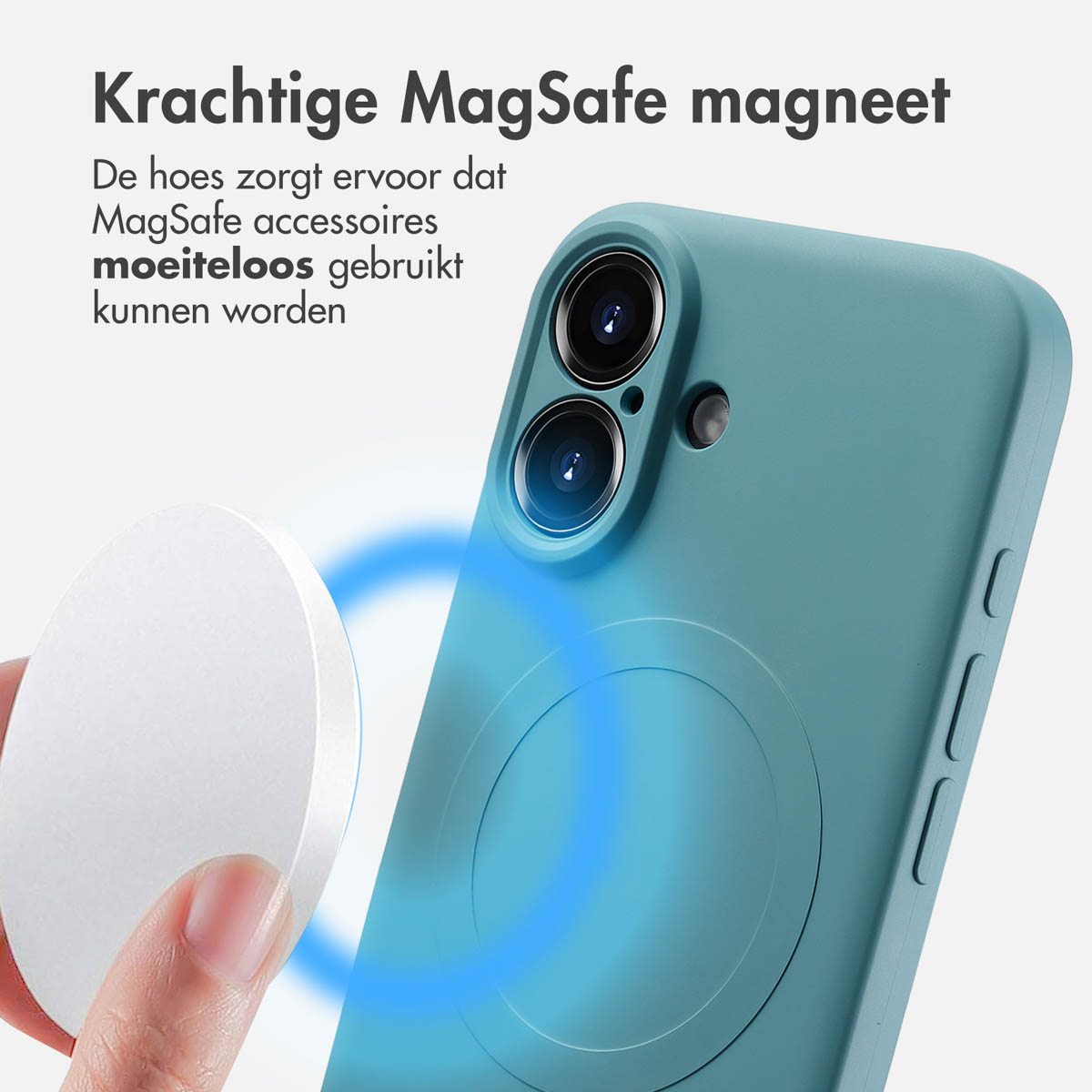 Coque de téléphone bleue avec un chargeur MagSafe blanc attaché.