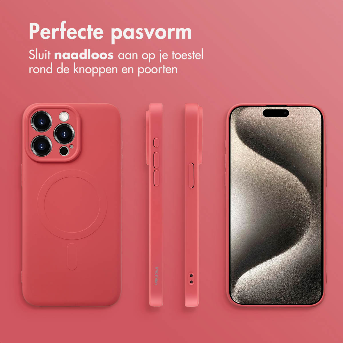Roze telefoonhoes met verschillende aanzichten van de telefoon. De hoes heeft een cirkel op de achterkant.