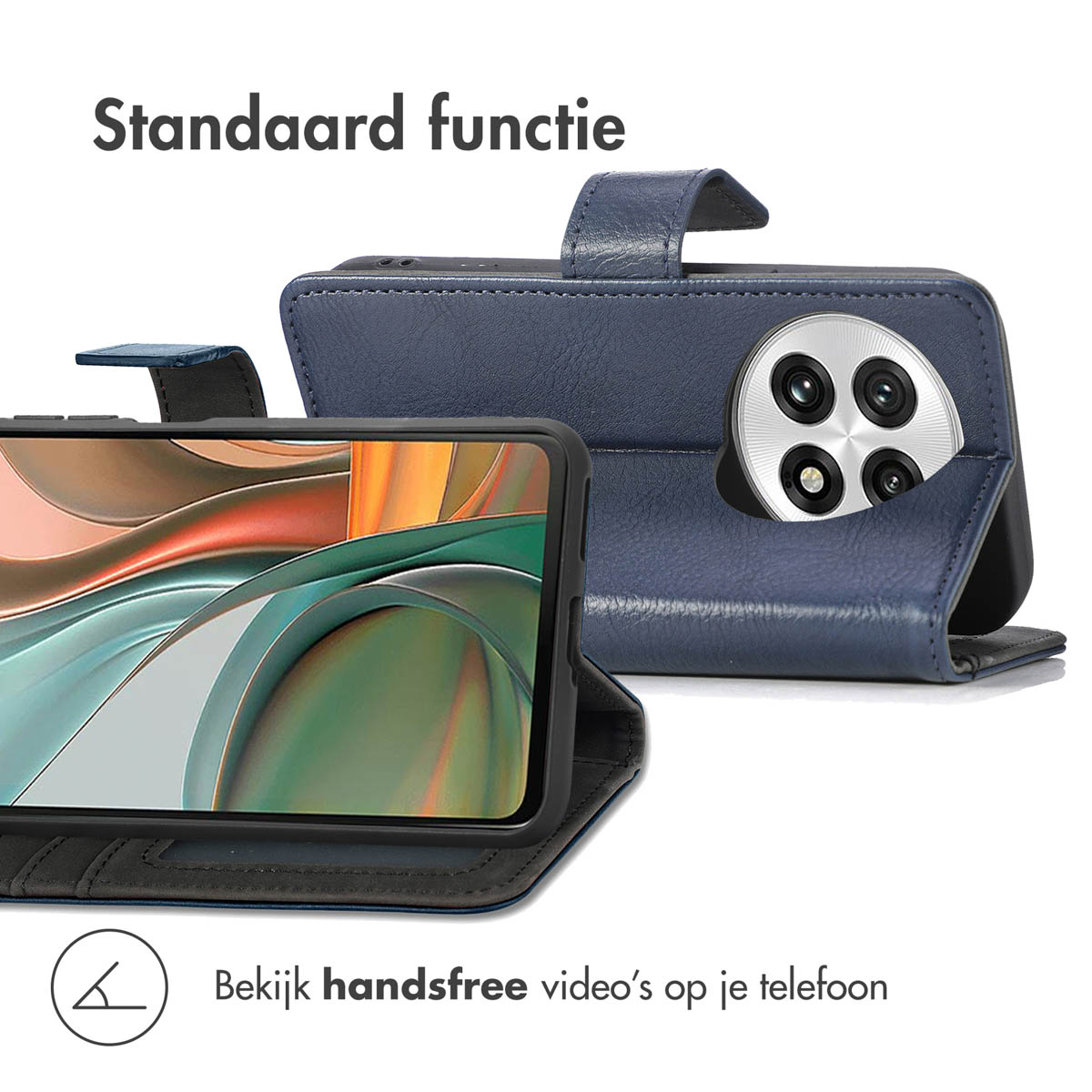 Custodia blu con telefono e supporto. Testo: Funzione standard. Guarda video a mani libere sul tuo telefono.