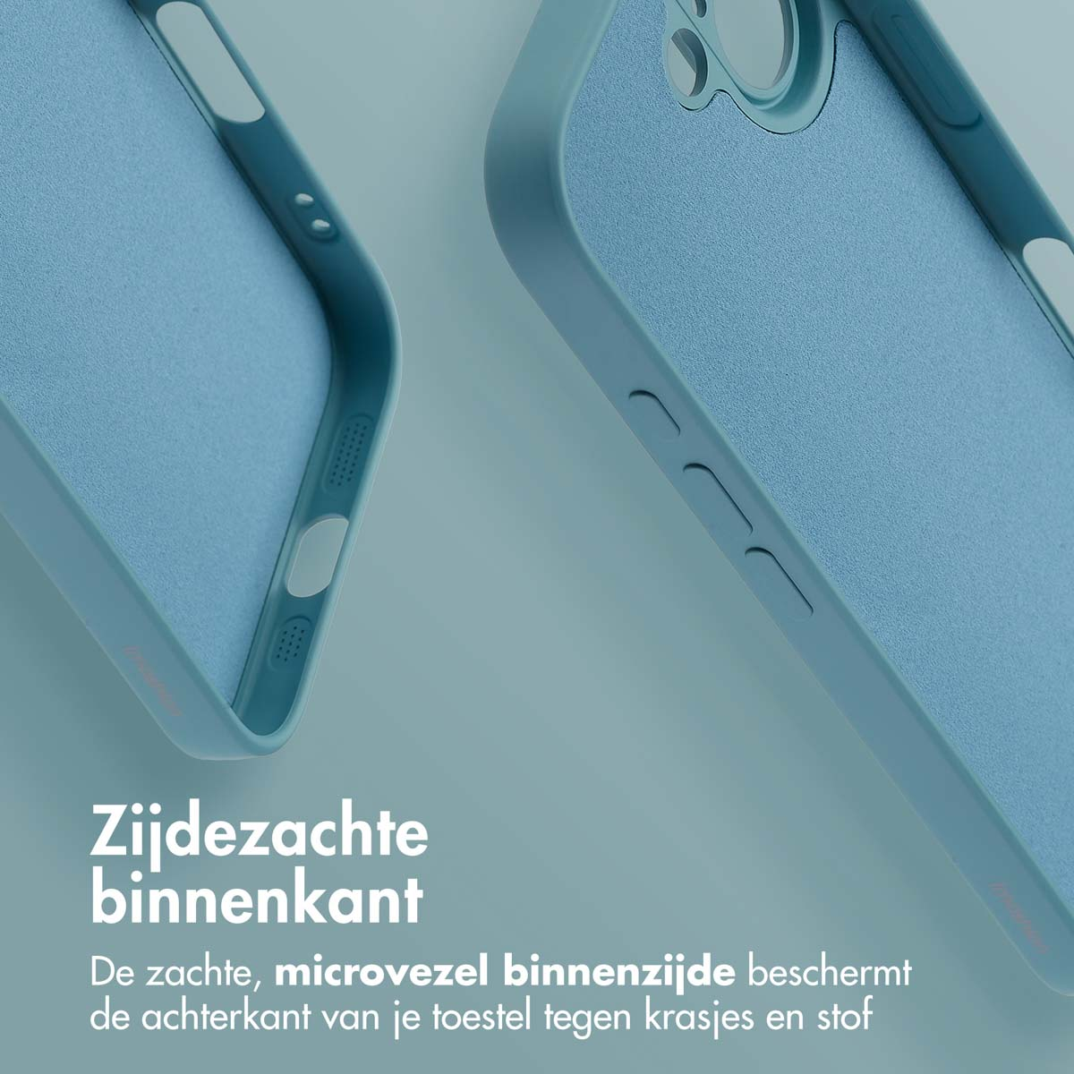 Gros plan sur une coque de téléphone bleue, montrant l'intérieur. L'intérieur a une texture douce.