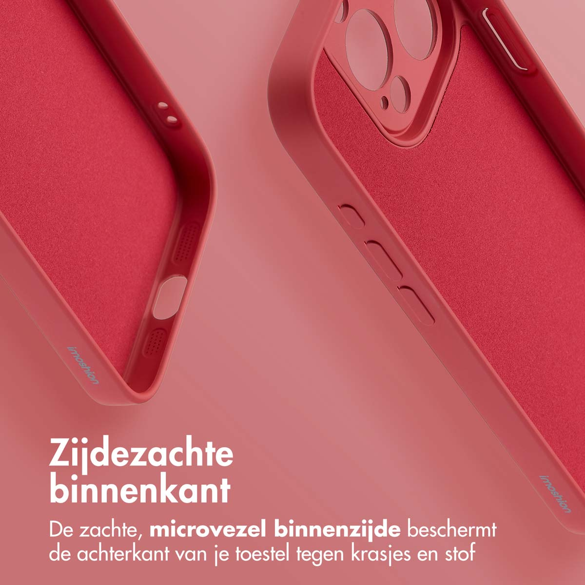 Coque de téléphone rouge avec un téléphone. Intérieur visible. Texte : 'Intérieur doux'.