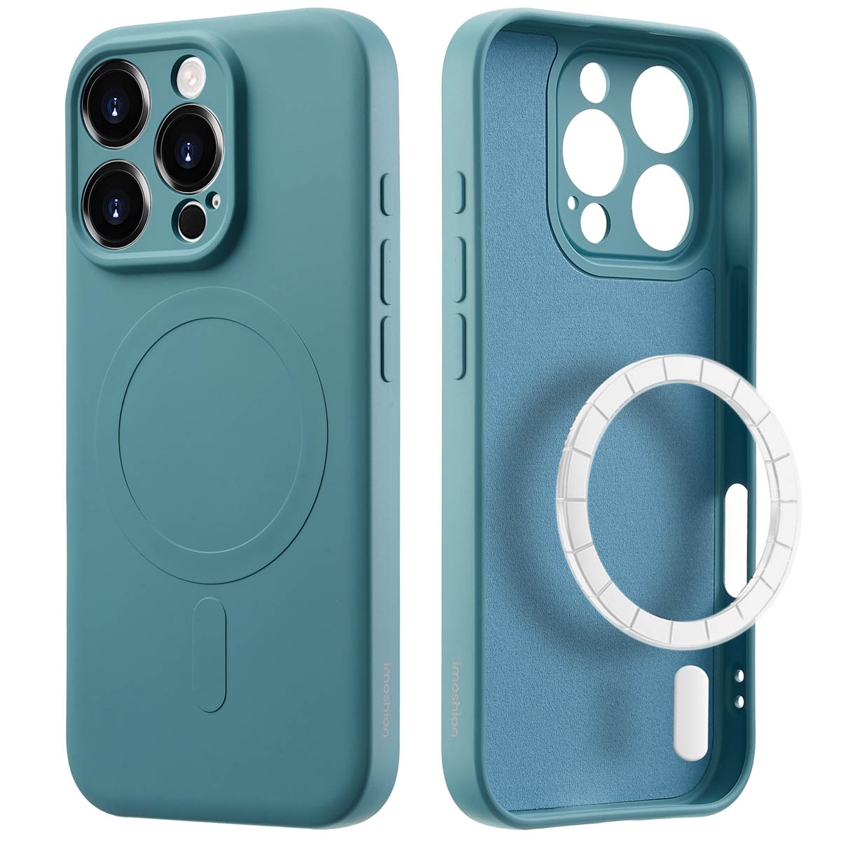 Blauwgroene telefoonhoes met witte cirkel, achter- en zijaanzicht.
