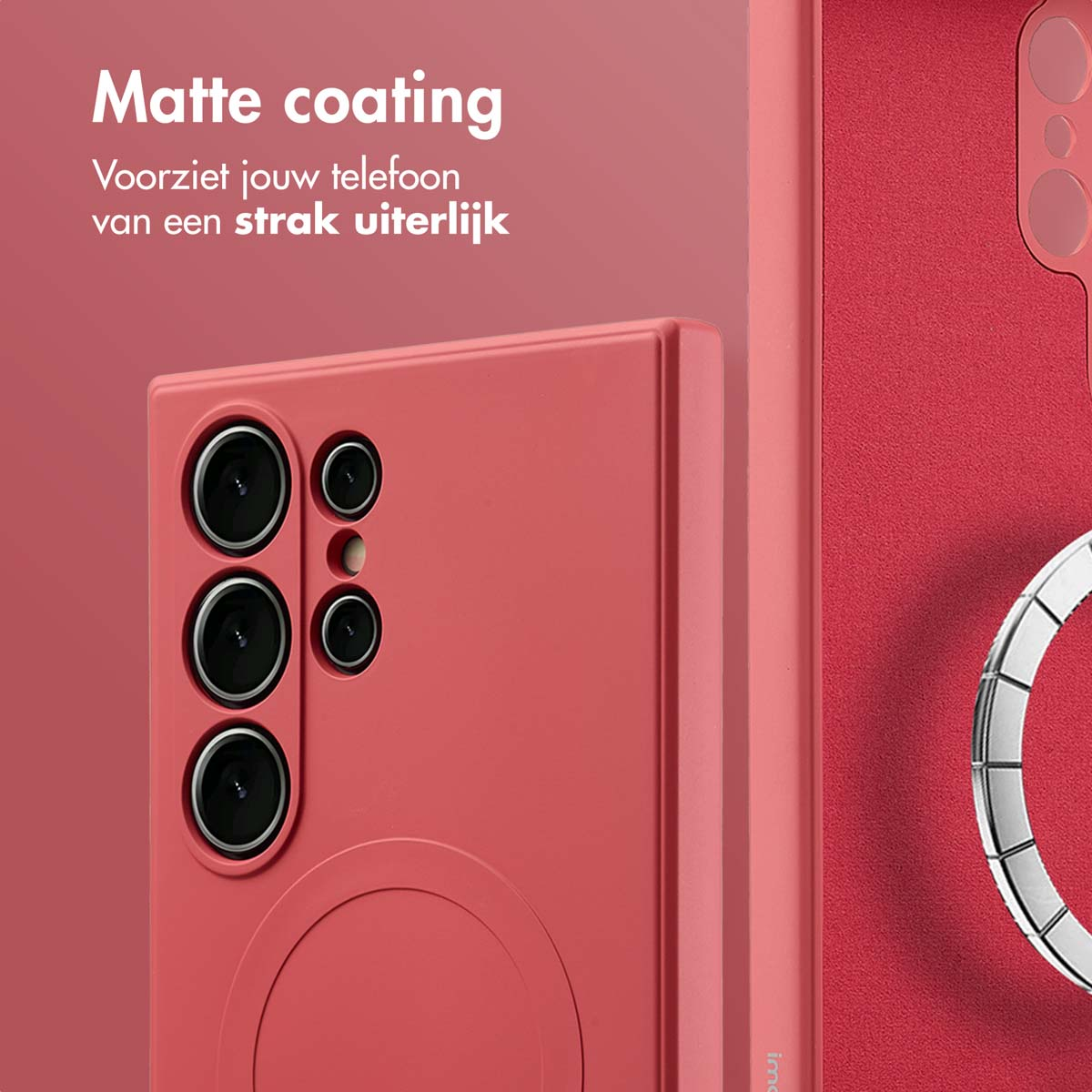 Coque de téléphone rouge avec un téléphone et un anneau métallique. Texte : 'Revêtement mat'.