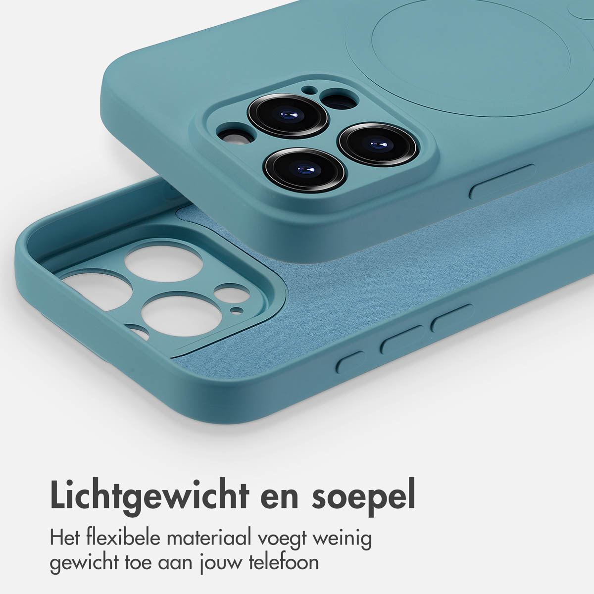 Turquoise telefoonhoes met telefoon. De hoes is open en toont de binnenkant. Tekst onderaan.