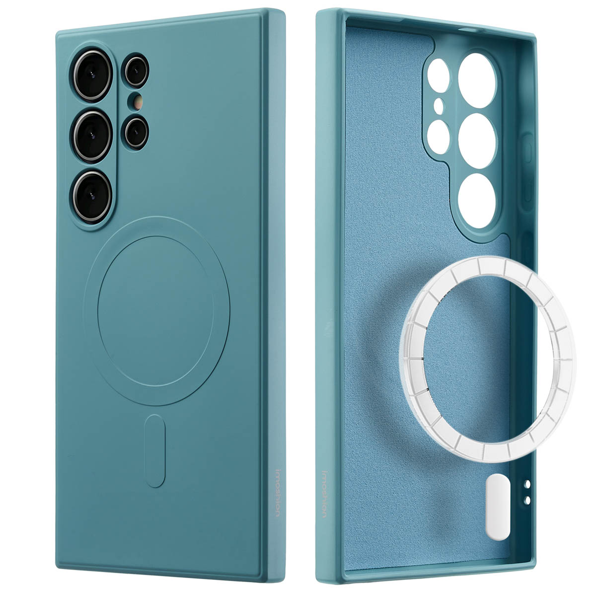 Twee telefoonhoesjes, blauw, achterkant en binnenkant zichtbaar.