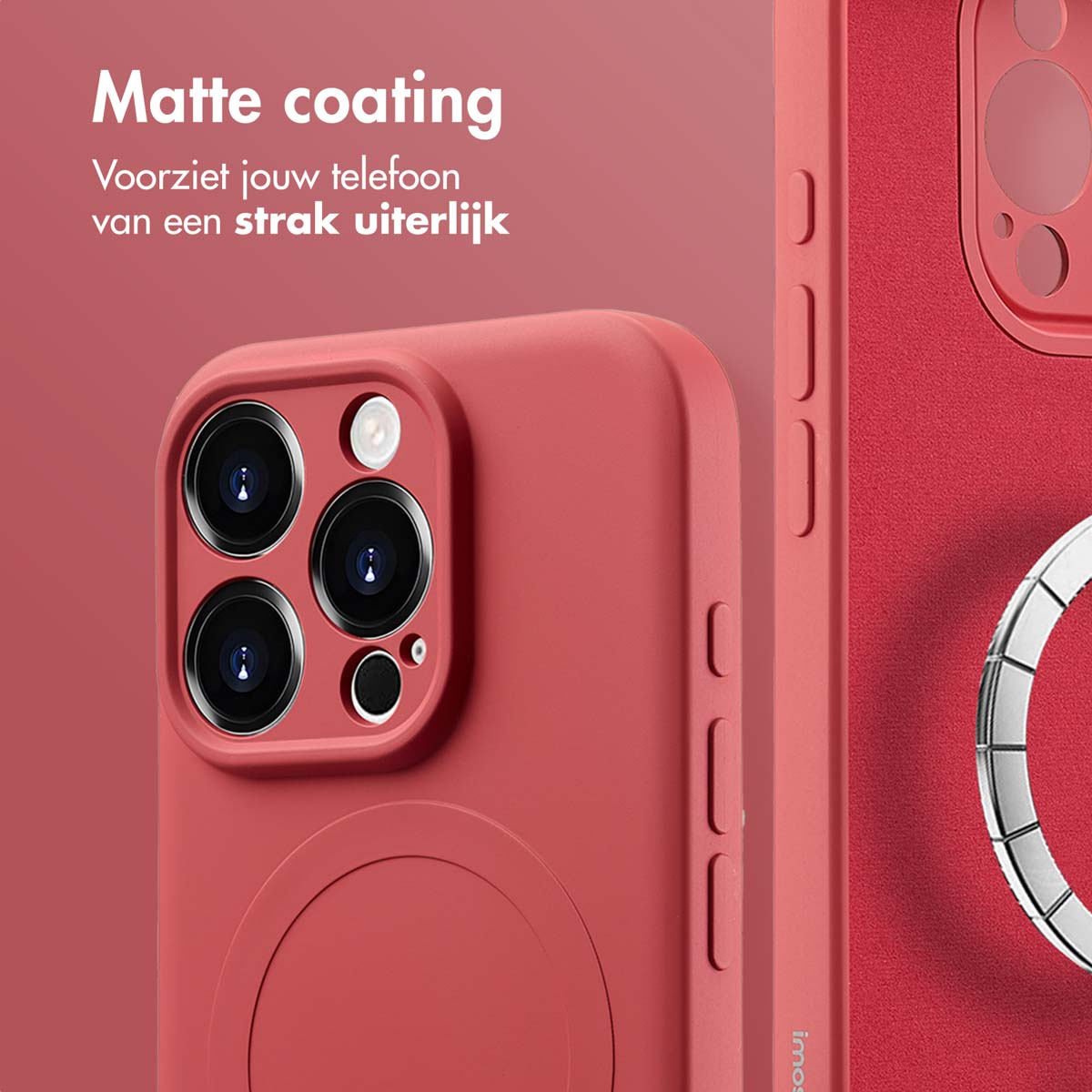 La coque du téléphone est rouge, avec un revêtement mat. La caméra du téléphone est visible.
