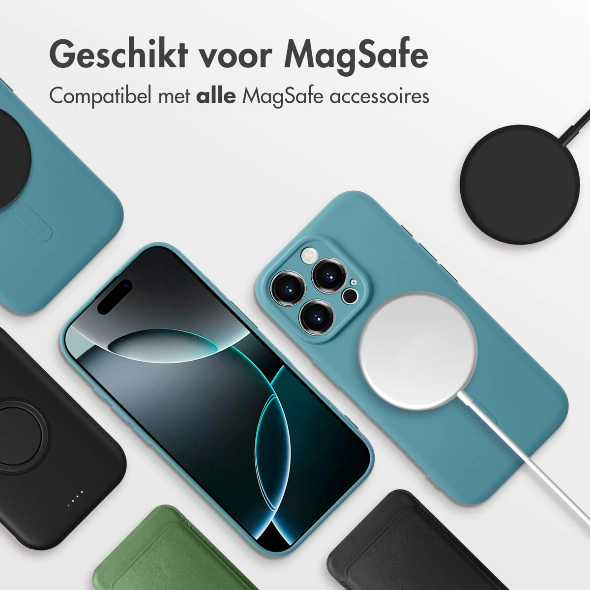 Meerdere telefoons met hoesjes en MagSafe-opladers. Verschillende kleuren en ontwerpen worden getoond.