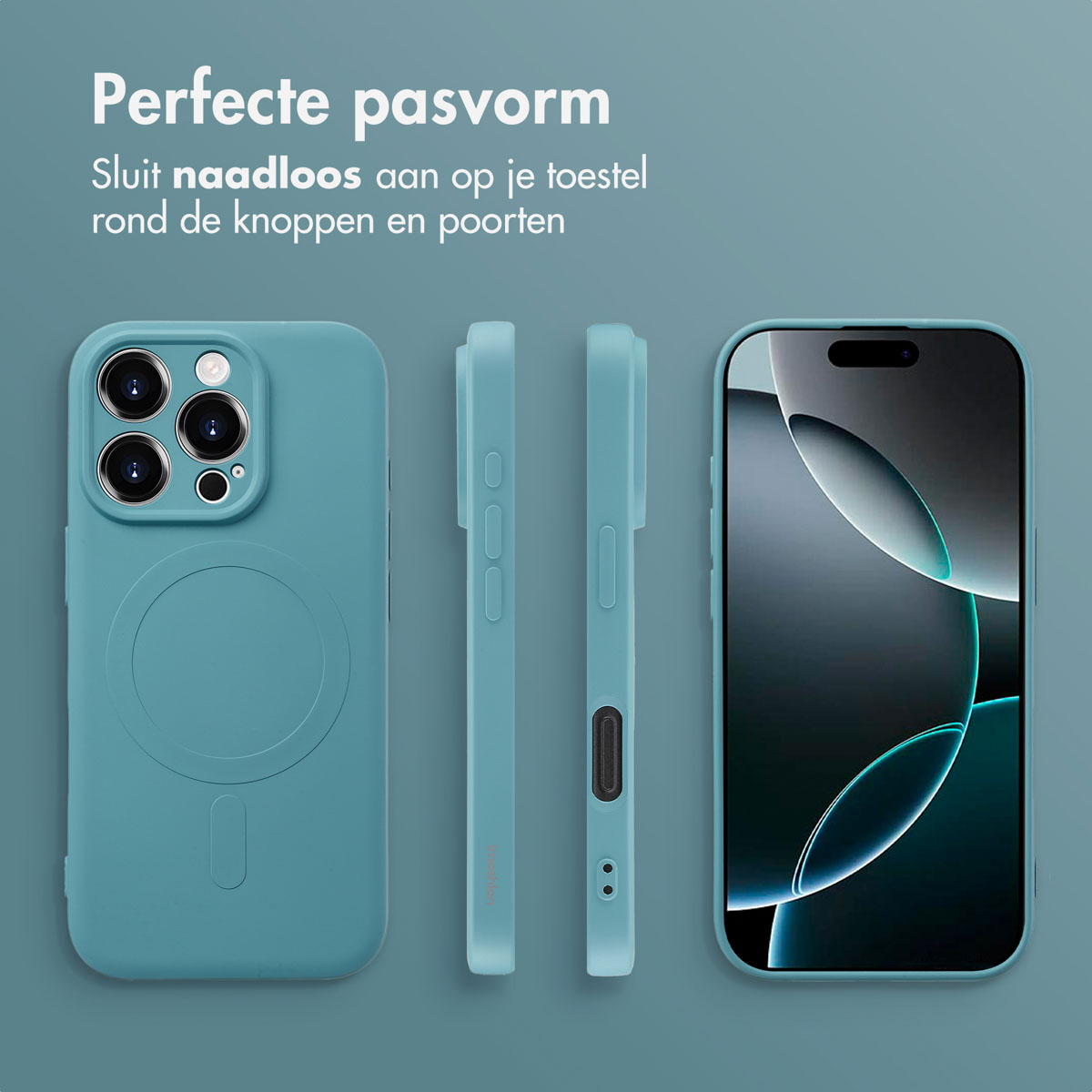 Blauwe telefoonhoes die verschillende hoeken laat zien. Drie hoesjes en een telefoon met scherm.